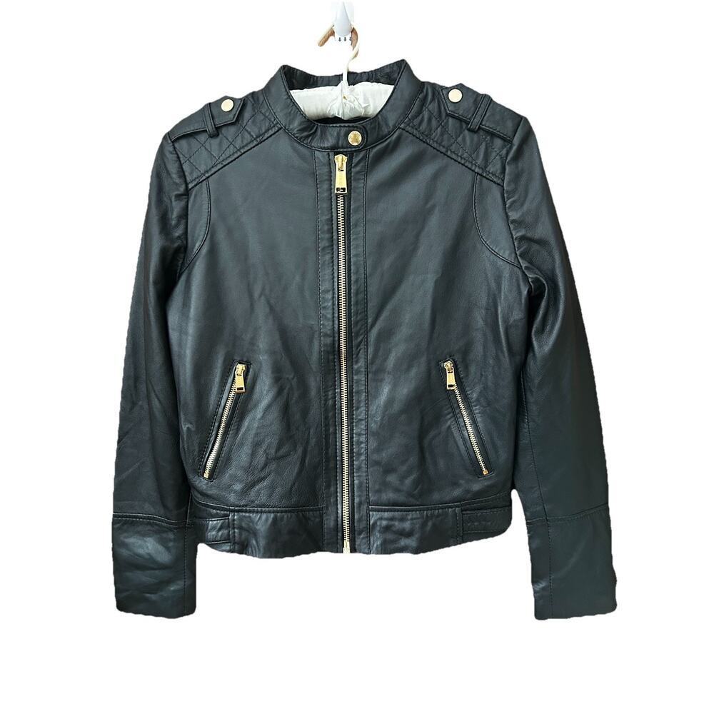 Guess Women’s Black Leather Moto Quilted Shoulder Gold Zips Biker Jacket Size M